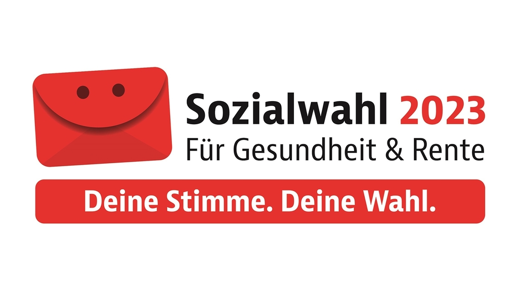Vergrößerung des Bildes für Logo Sozialwahlen 2023 mit dem Schriftzug "Sozialwahl 2023. Für Gesundheit und Rente. Deine Stimme. Deine Wahl.".