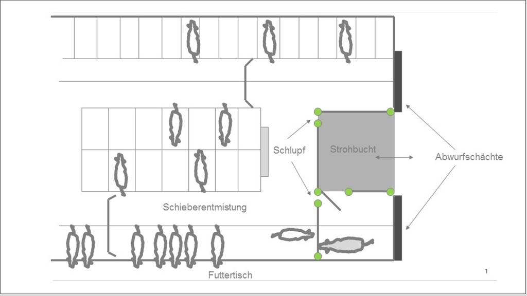 Vergrößerung des Bildes für Grafik zeigt eine Variante zur Integration einer Deckbullenbucht im Boxenlaufstall.