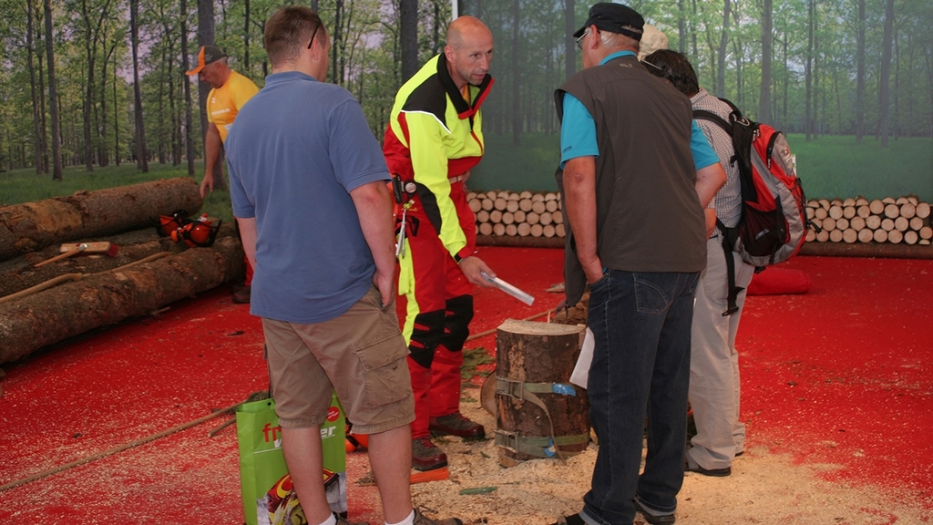 Vergrößerung des Bildes für SVLFG-Präventionsexperte berät die Besucher auf der INTERFORST zur Baumfällung anhand des Stockbildes..