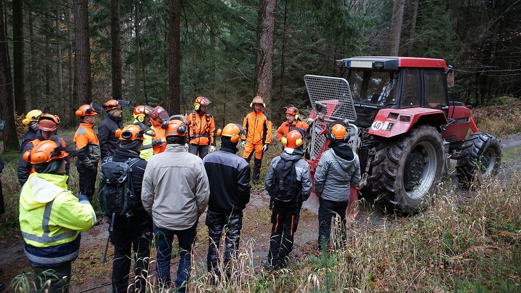 Vergrößerung des Bildes für Eine Gruppe Menschen in persönlicher Schutzausrüstung steht im Wald um einen Traktor mit Forstseilwinde.