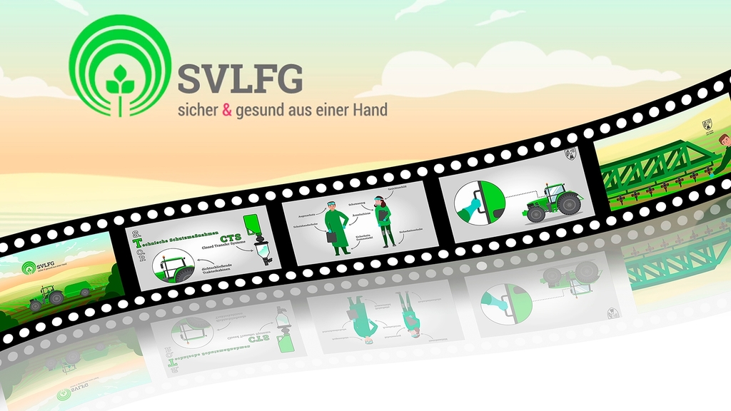 Eine Filmrolle mit animierten Bildern, oben links das Logo der SVLFG