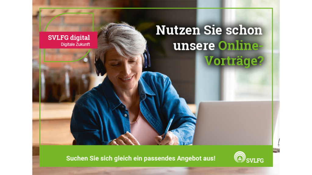 Bewerbung der Online-Seminare auf www.svlfg.de - Bild zeigt eine Frau mittleren Alters am Laptop
