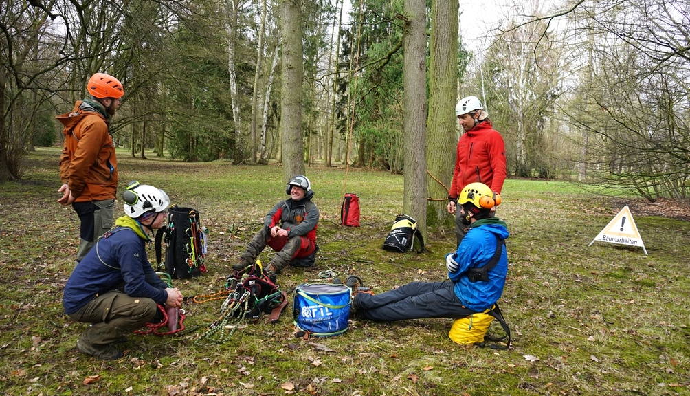 Vergrößerung des Bildes für Fünf Teilnehmer der Schulung für Seilklettertechnik mit Ausrüstung sitzen im Wald.