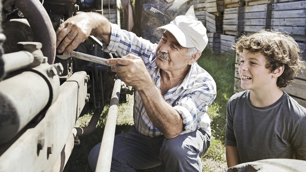 Vergrößerung des Bildes für Senior mit Enkel beim Arbeiten an einem Anhänger.