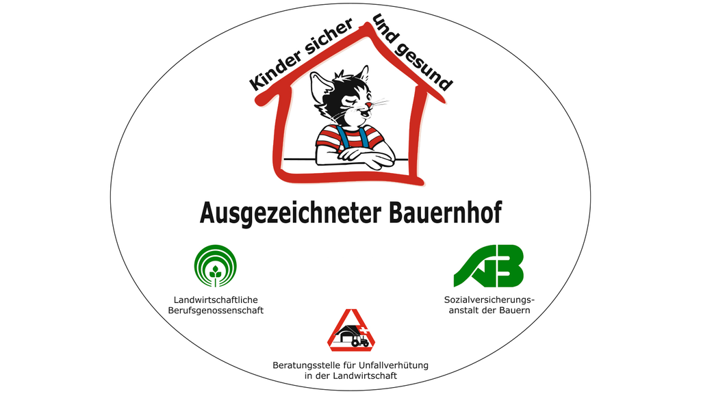 Vergrößerung des Bildes für Plakette "kinder sicher und gesund - Ausgezeichneter Bauernhof 2020" mit Kater Moritz und u.a. dem Logo der LBG.