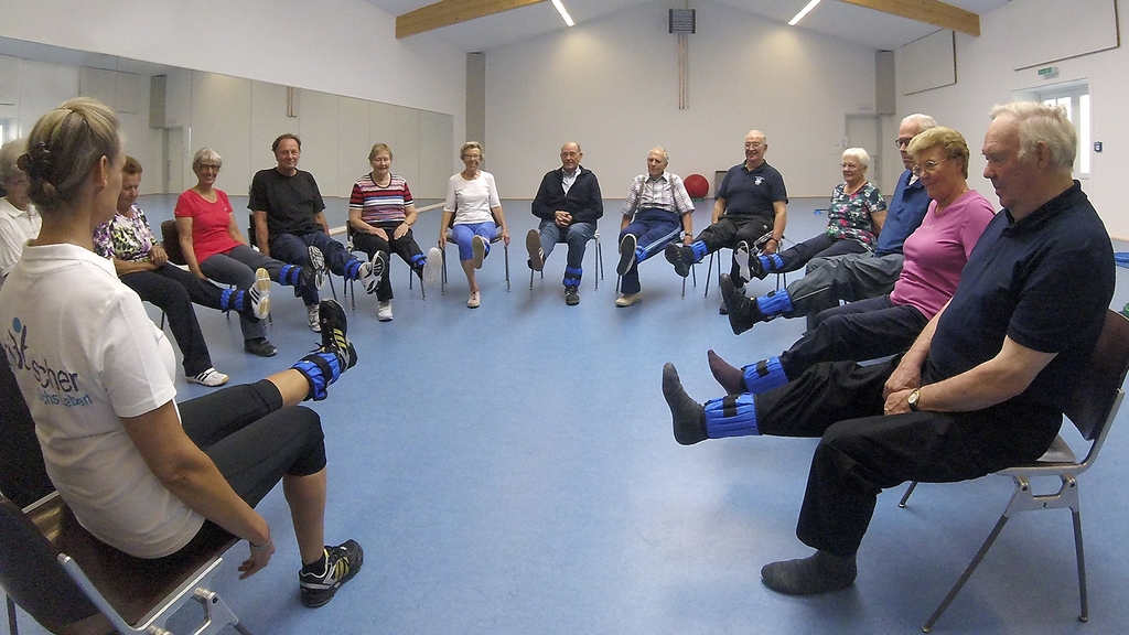 Vergrößerung des Bildes für Ein Kreis von Senioren trainiert mit Trittsicher-Manschetten.