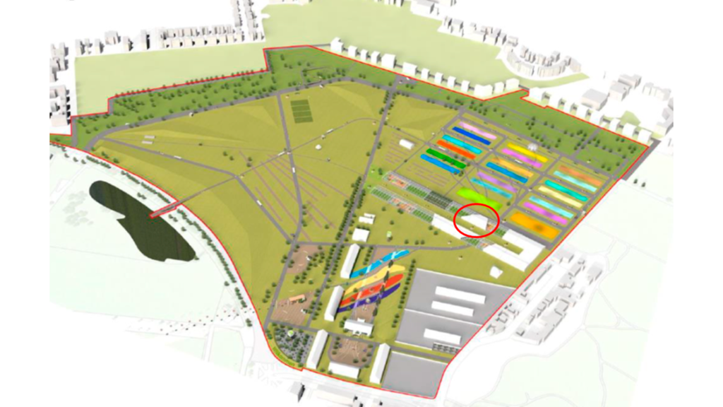 Vergrößerung des Bildes für Das Bild zeigt einen farbigen Lageplan des Geländes der Bundesgartenschau 2023 mit einer Kennzeichnung der Halle, in der sich der Stand der SVLFG befindet mit einem roten Kreis..