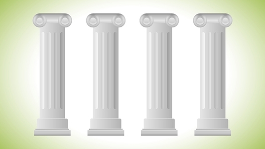 Vier graue Säulen auf grün weißem Hintergrund