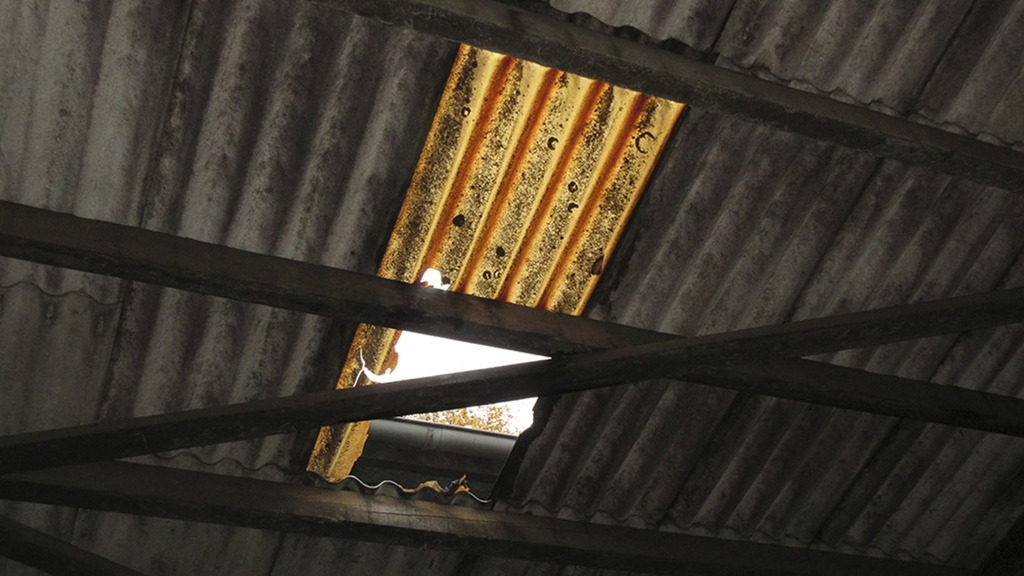 Vergrößerung des Bildes für Dacharbeiten: Eine Lücke im Wellblech des Dachs.