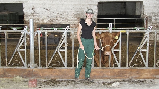 Frau mit Rind im Stall
