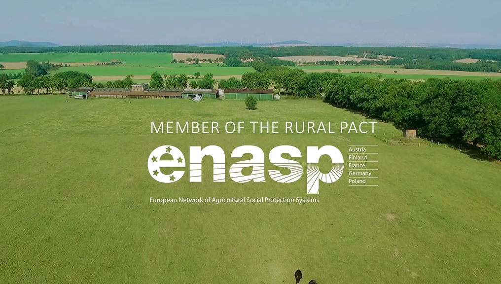A farm in wide landscape from bird's eye view, in front the ENASP logo